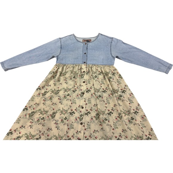 VTG Express Spirit Of Nimes Womens Button Up Denim‎ Floral Maxi Dress Size Large - Picture 1 of 16